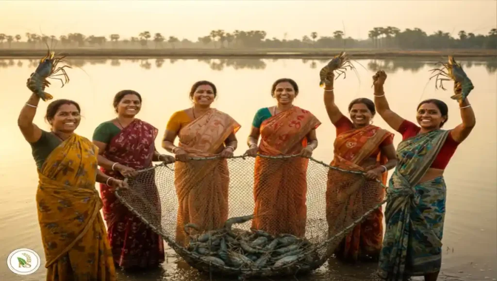 দক্ষিণ ২৪ পরগনার ভেরিতে আধুনিক গলদা চিংড়ি চাষ পদ্ধতি অনুসরণ করে একদল গ্রামীণ নারী জালে প্রচুর গলদা চিংড়ি ধরে আনন্দ প্রকাশ করছেন।