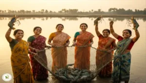 দক্ষিণ ২৪ পরগনার ভেরিতে আধুনিক গলদা চিংড়ি চাষ পদ্ধতি অনুসরণ করে একদল গ্রামীণ নারী জালে প্রচুর গলদা চিংড়ি ধরে আনন্দ প্রকাশ করছেন।
