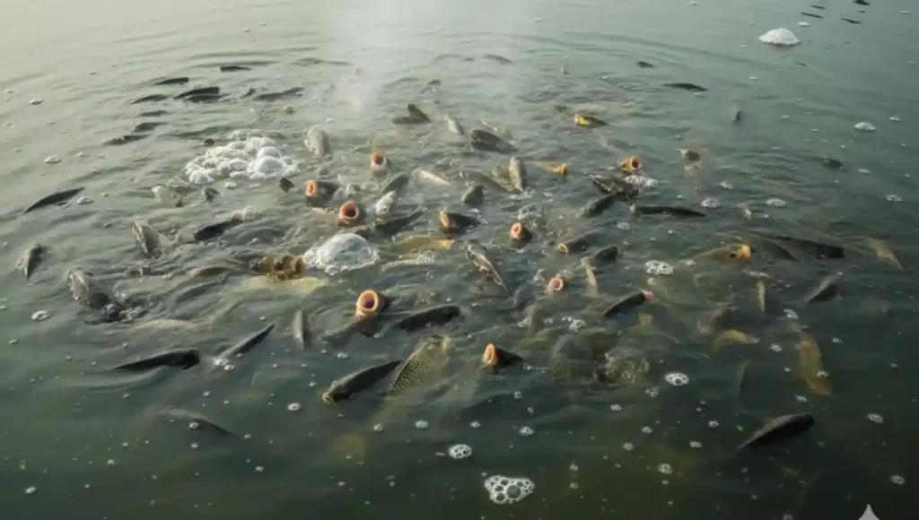 মাছের রোগ ও প্রতিকর: পুকুরে গ্যাস তৈরি হওয়ায় মাছ উপরে ভেসে খাবি খাচ্ছে তার দৃশ্য