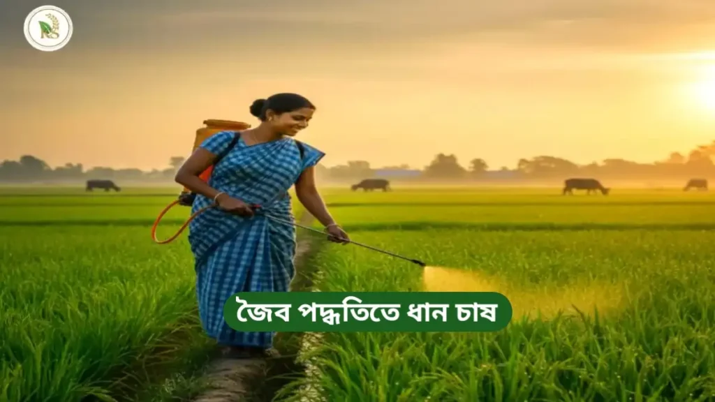 জৈব পদ্ধতিতে ধান চাষের জমিতে নারী উদ্যোক্তা জৈব কিট বিতারক নিমাস্ত্র স্প্রে এর একটি দৃশ্য।
