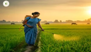 জৈব পদ্ধতিতে ধান চাষের জমিতে নারী উদ্যোক্তা নিমাস্ত্র স্প্রে করছে