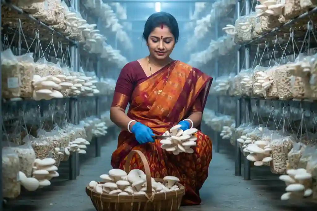 সঠিক মাশরুম চাষ পদ্ধতি অনুসরণ করে ওয়েস্টার মাশরুম সংগ্রহ করছেন নারী উদ্যোক্তা 