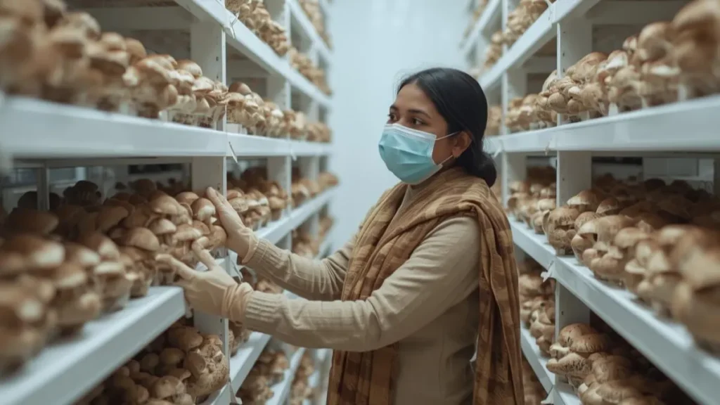 মাশরুম চাষে রোগ ও পোকা দমনের জন্যে নিয়মিত পর্যবেক্ষণ।