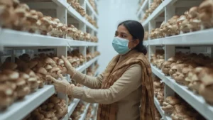 মাশরুম চাষে রোগ ও পোকা দমনের জন্যে নিয়মিত পর্যবেক্ষণ।