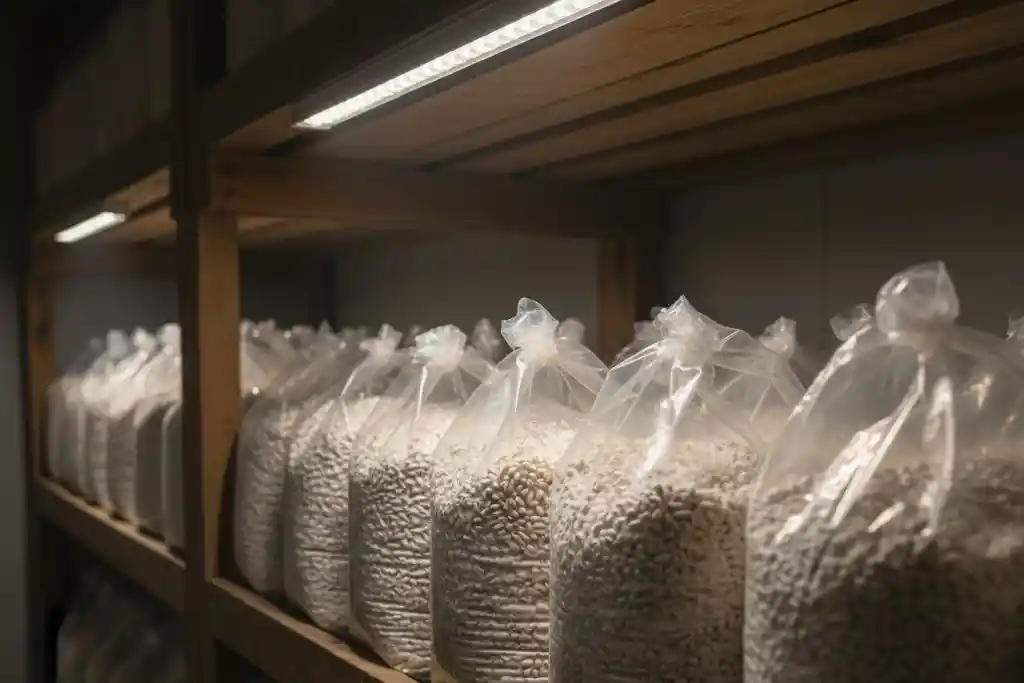 মাশরুম স্পন তৈরির পদ্ধতি: মাশরুমের মাদার স্পন বা সাদা মাইসেলিয়াম যুক্ত গমের প্যাকেট।