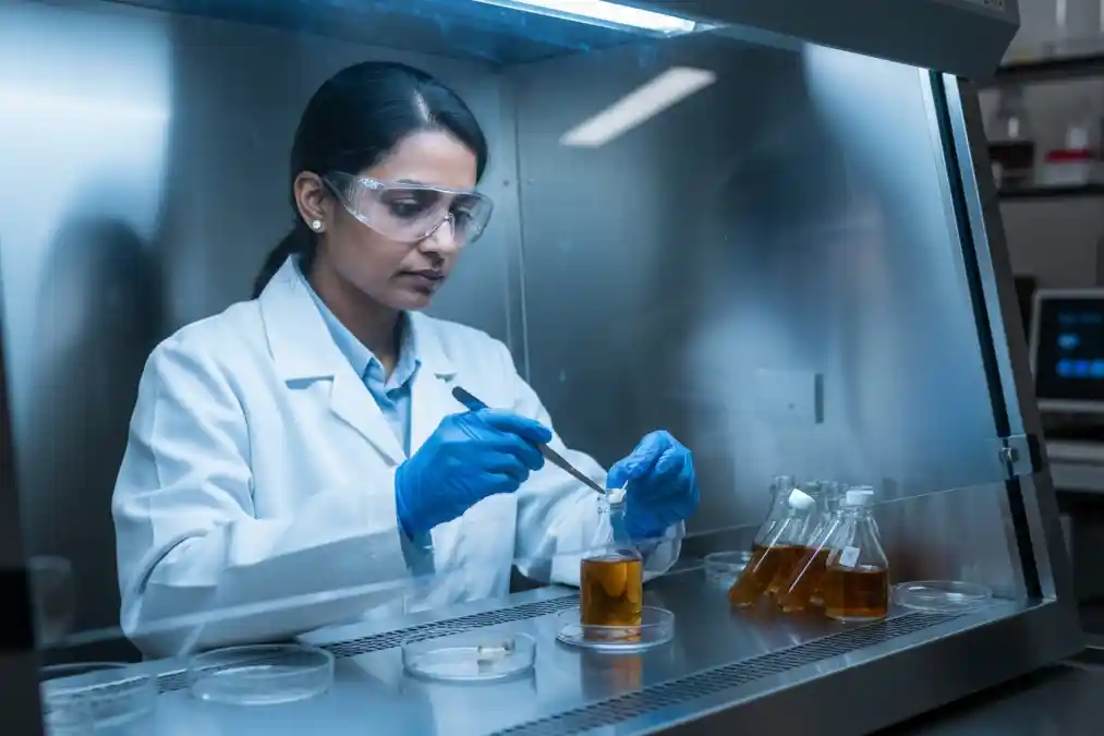 মাশরুম স্পন তৈরি: ল্যামিনার এয়ার ফ্লো মেশিনে মাশরুমের টিস্যু কালচার করার প্রক্রিয়া।