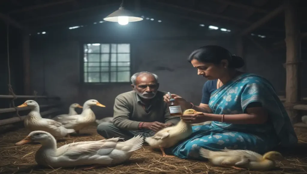 হাঁসের রোগের লক্ষণ ও চিকিৎসায় প্রাণী মিত্রা খামারিকে সহায়তা করছেন ডাক প্লেগ ভ্যাক্সিন দিয়ে