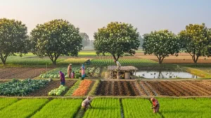 (February) মাসে মাঘ-ফাল্গুনের কৃষি কাজ ধানের ক্ষেত, সবজি বাগান এবং ফল গাছে মুকুল নিয়ে ব্যস্ত ভারতীয় কৃষকের সমন্বিত কৃষি চিত্র।