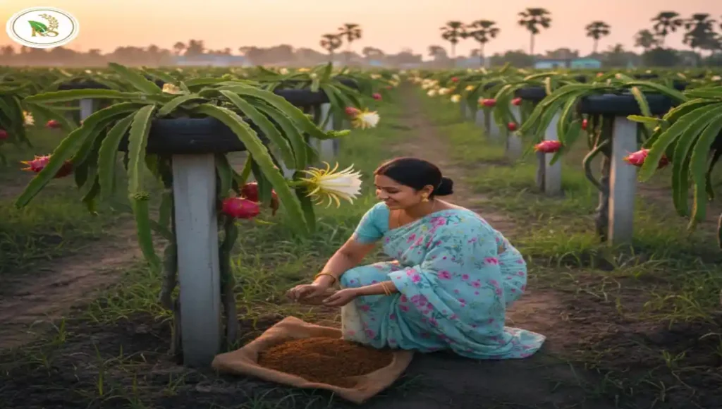 এক বিঘা জমিতে ড্রাগন চাষে জৈব সার ও জীবামৃত প্রয়োগ করে গাছের পরিচর্যা করার চিত্র।