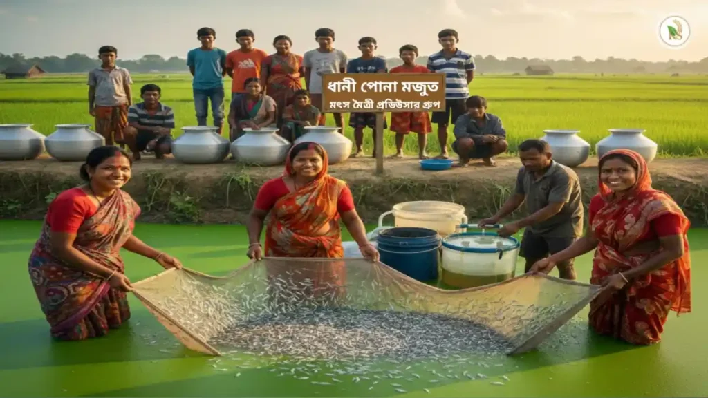 মৎস মৈত্রী প্রোডিউসর গ্রুপের দিদিরা আধুনিক ধানী পোনা চাষ পদ্ধতিতে মাছের ধানী পোনা সংগ্রহ করছেন।