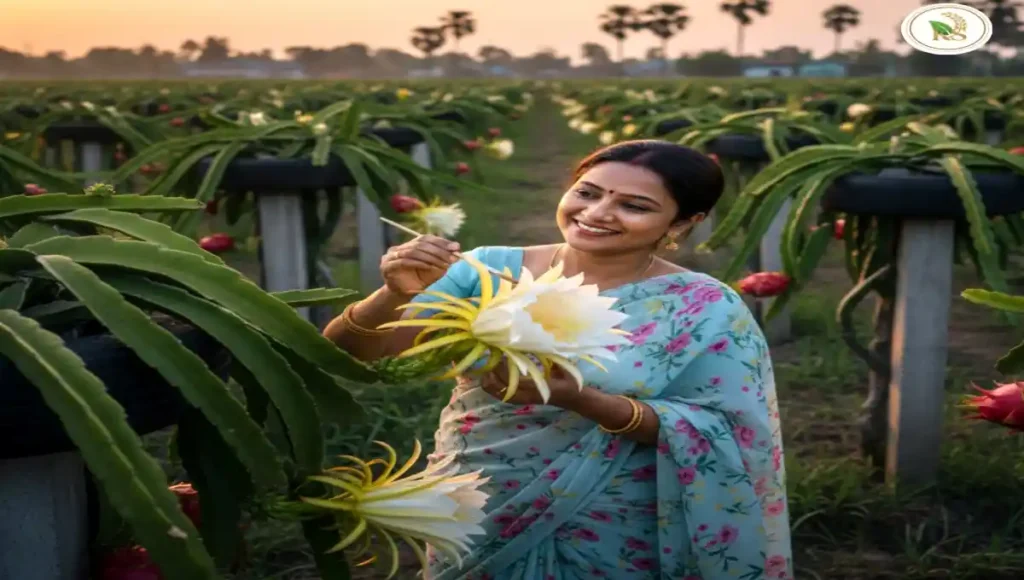বাণিজ্যিকভাবে ড্রাগন ফল চাষ পদ্ধতি এবং রাতে হাতে পরাগায়ন বা hand pollination করার দৃশ্য।