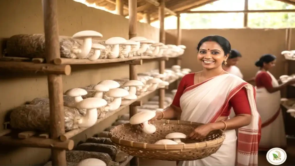 মিল্কি মাশরুম চাষ পদ্ধতি-তে নারী উদ্যোক্তা মাশরুম সংগ্রহ করছে