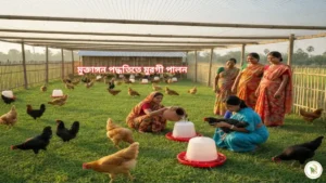 প্রোডিউসর গ্রুপের দিদিরা মুরগি পালন পদ্ধতিতে মুক্তাঙ্গনে পরিচর্যা ও ভ্যাক্সিন দিচ্ছেন দৃশ্য।