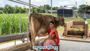 আধুনিক ও লাভজনক গরু পালন পদ্ধতি: শংকর জাতের গাভী ও বাছুর পালনের পূর্ণাঙ্গ গাইড ২০২৬ একজন গৃহবধূ আধুনিক গরু পালন পদ্ধতি তে খামারে গরুর দুধ দোহাচ্ছেন, পাশে নেপিয়ার ঘাস এবং বায়োগ্যাস প্লান্ট