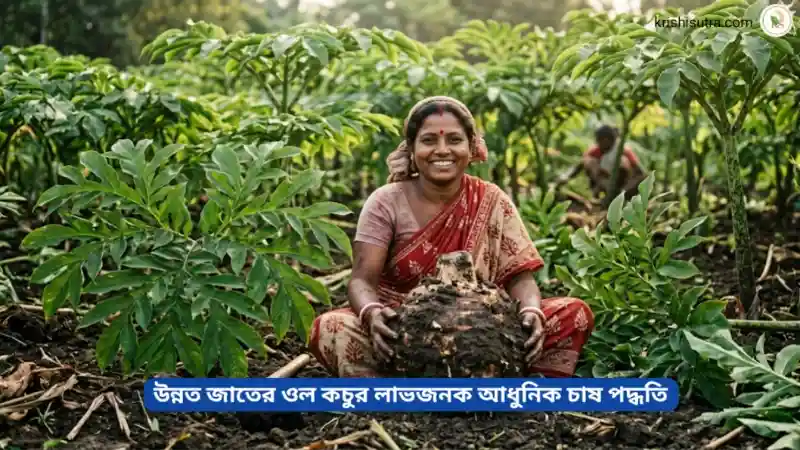 ওল কচুর লাভজনক চাষ পদ্ধতিতে উৎপাদিত বিশাল ওল হাতে একজন সফল নারী কৃষক।