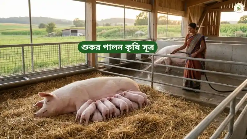 একটি আধুনিক শুকর পালন পদ্ধতি-তে পরিচ্ছন্ন খামারের ভেতরে খড়ের বিছানায় শুয়ে থাকা একটি বড় সাদা মাদী শুকর তার একদল বাচ্চাকে দুধ খাওয়াচ্ছে। শাড়ি পরা এক মহিলা জলের পাইপ দিয়ে অন্য একটি শুকরকে স্নান করাচ্ছেন।