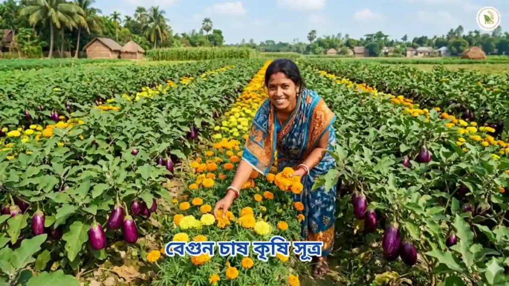 আধুনিক বেগুন চাষ পদ্ধতিতে সাথি ফসল হিসেবে গাঁদা ফুল চাষ করে ফুল সংগ্রহ করছেন নারী উদ্যোক্তা।