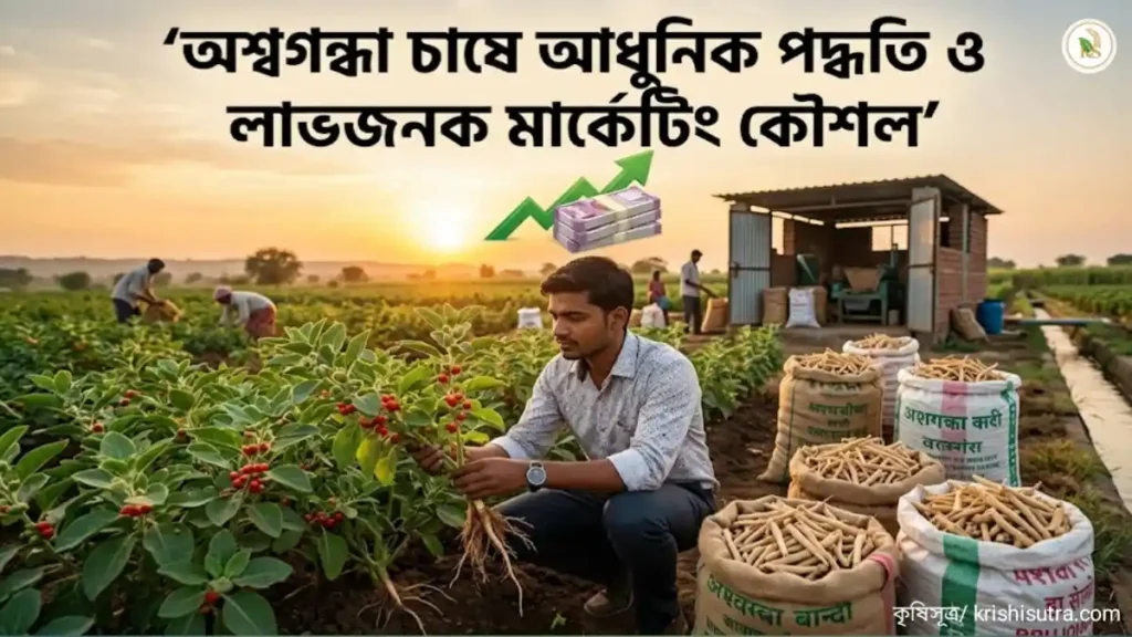 অশ্বগন্ধা চাষ আধুনিক পদ্ধতি ও বাজারজাতকরণ প্রক্রিয়ায় একজন সফল কৃষক এবং প্রক্রিয়াজাত অশ্বগন্ধার শিকড়।