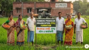 ভারতীয় কৃষকদের দলবদ্ধভাবে FPO গঠন ও কার্যাবলী গাইড সম্পর্কে দেখানো হয়েছে এবং ইংরেজিতে "FARMERS PRODUCER ORGANIZATION (FPO) FORMATION" এবং বাংলায় "উৎপাদক গোষ্ঠী FPO গঠন ও কার্যাবলী" লেখা আছে।