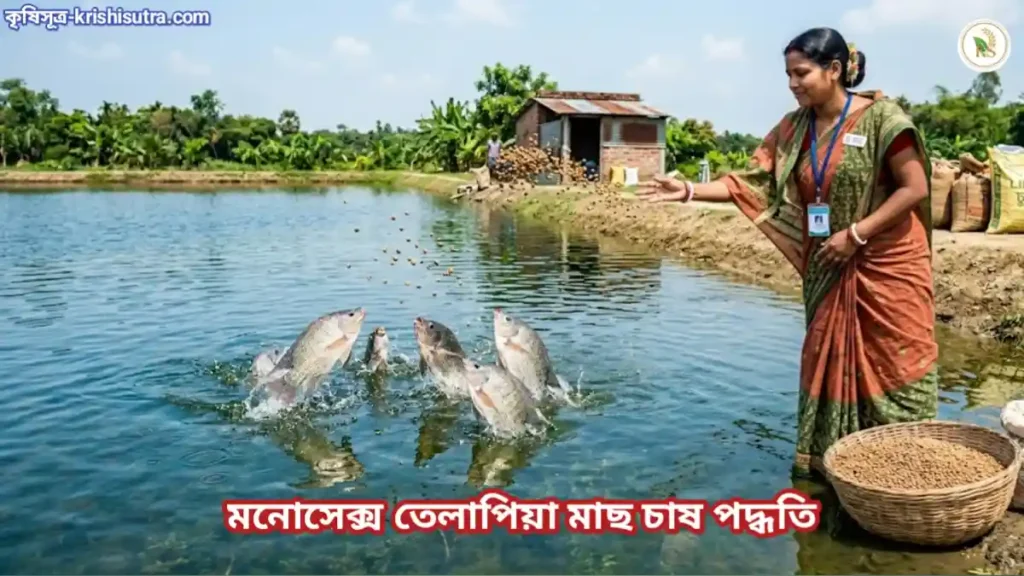 মনোসেক্স তেলাপিয়া মাছ চাষ পদ্ধতি ও হাইব্রিড তেলাপিয়া মাছের ভাসমান খাবার প্রয়োগের দৃশ্য।