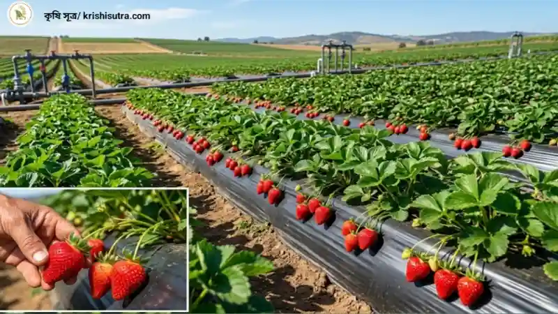আধুনিক স্ট্রবেরি চাষ পদ্ধতি যেখানে প্লাস্টিক মালচিং এবং ড্রিপ ইরিগেশন ব্যবহার করে বাণিজ্যিকভাবে স্ট্রবেরি ফলানো হচ্ছে।