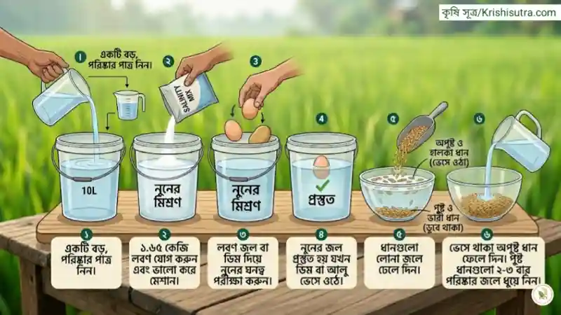 লোনা জল দিয়ে ধান বীজ বাছাই করার ধাপসমূহ এবং ডায়াগ্রাম।