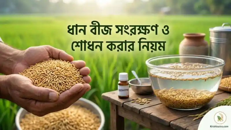 ধান বীজ শোধন করার নিয়ম ও হাতে ধরা পুষ্ট বীজের ছবি।