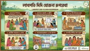 লাখপতি দিদি যোজনা রূপরেখা গাইড: ৬টি ধাপে স্বনির্ভর গোষ্ঠীর (SHG) নারীদের সশক্তিকরণের রূপরেখা। ছবিটিতে SHG সদস্যদের চিহ্নিতকরণ, ট্রেনিং, আর্থিক সহায়তা, ব্যবসা শুরু, বাজারজাতকরণ এবং ড্রোন দিদির মাধ্যমে লাখপতি হওয়ার স্বপ্ন পূরণের ধাপগুলো দেখানো হয়েছে।