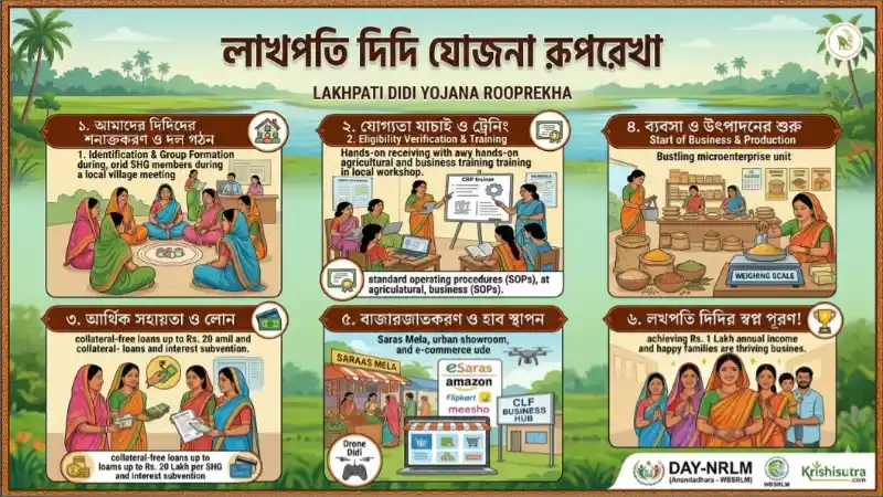 লাখপতি দিদি যোজনা রূপরেখা গাইড: ৬টি ধাপে স্বনির্ভর গোষ্ঠীর (SHG) নারীদের সশক্তিকরণের রূপরেখা। ছবিটিতে SHG সদস্যদের চিহ্নিতকরণ, ট্রেনিং, আর্থিক সহায়তা, ব্যবসা শুরু, বাজারজাতকরণ এবং ড্রোন দিদির মাধ্যমে লাখপতি হওয়ার স্বপ্ন পূরণের ধাপগুলো দেখানো হয়েছে।