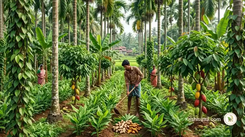 সুপারি চাষ পদ্ধতি: সুপারি বাগানে গোলমরিচ, কোকো, আদা, হলুদ এবং কলার বিজ্ঞানসম্মত বহুতল আন্তঃফসল চাষের বাস্তবসম্মত দৃশ্য। হাইব্রিড সুপারি চাষ , বারো মাসি সুপারি চাষ , উপরির উন্নত জাত, সুপারি বাগান করার নিয়ম , চারা রোপণ পদ্ধতি , সার প্রয়োগ , রোগ পোকা নিয়ন্ত্রণ ও বাত্সরিক আয় ব্যায় নিয়ে আলোচনা হয়েছে