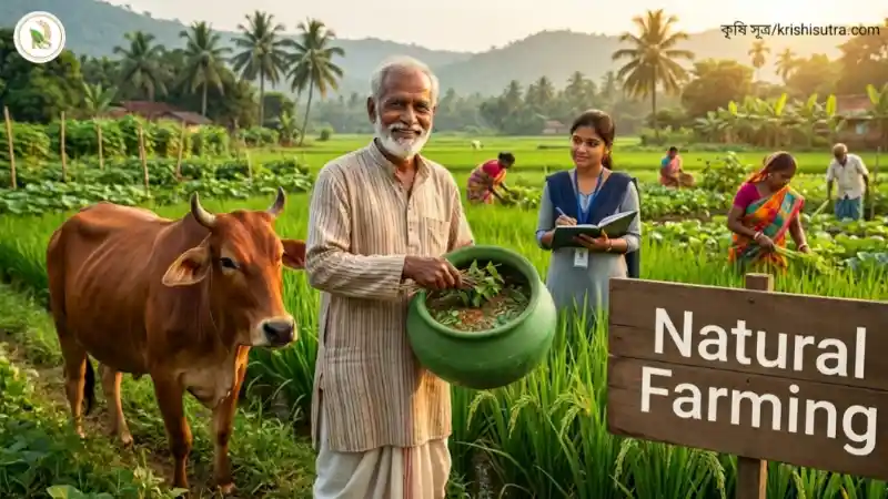 প্রাকৃতিক কৃষি ক্ষেতে সবুজ ধান ক্ষেতে এক ভারতীয় কৃষক হাতে জীবামৃত তরল সারের পাত্র নিয়ে দাঁড়িয়ে আছেন, পাশে একটি দেশি গরু ও একজন কৃষি কর্মকর্তা এবং সামনে 'Natural Farming' লেখা একটি কাঠের সাইনবোর্ড।

