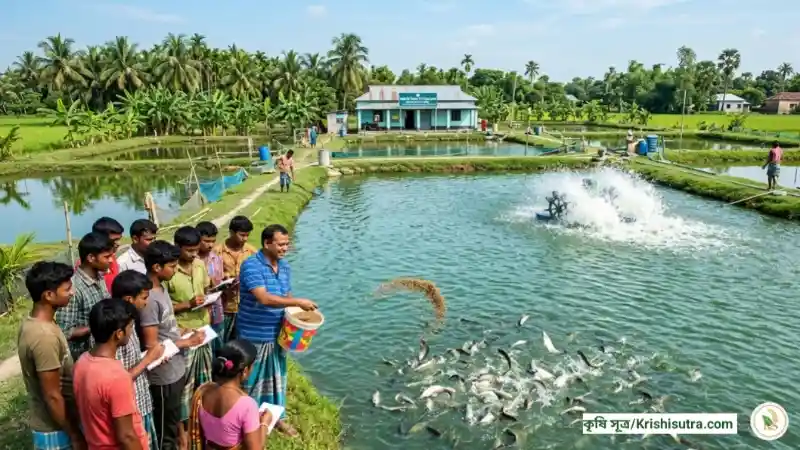 পাবদা মাছ চাষ পদ্ধতি: একটি গ্রামীণ পুকুরে একদল তরুণ চাষী আধুনিক এ্যারেটর ব্যবহার করে পাবদা মাছ চাষের ব্যবহারিক প্রশিক্ষণ নিচ্ছেন। ভাল pabda mach chash podhati janar jony

