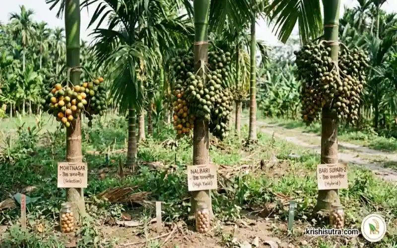 সুপারি চাষ পদ্ধতিতে- মহিতনগর, নলবাড়ি ও বারি সুপারি ২ জাতের উচ্চফলনের দৃশ্য।