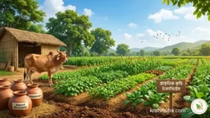 প্রাকৃতিক কৃষির মূল নীতি: প্রাকৃতিক কৃষি ব্যবস্থাপনা ও নিয়মাবলী গুলি জানুন। একটি পূর্ণাঙ্গ ইনফোগ্রাফিক ছবি যা প্রাকৃতিক কৃষি ব্যবস্থাপনা ফুটিয়ে তোলে, যেখানে প্রাকৃতিক কৃষির মূল নীতি মেনে দেশি গরু ও জৈব-ইনপুট এবং প্রাকৃতিক কৃষি নিয়মাবলী অনুযায়ী মিশ্র চাষের ল্যান্ডস্কেপ দেখানো হয়েছে।