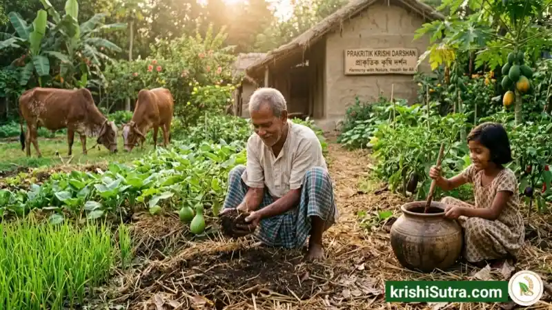 একজন বয়স্ক কৃষক হাতে প্রাকৃতিক সার ও আচ্ছাদনযুক্ত (Mulching) মাটি নিয়ে দাঁড়িয়ে আছেন; পাশে একটি শিশু জীবামৃত তৈরি করছে। এই ছবিটি 'প্রাকৃতিক কৃষির দর্শন' এবং 'সুভাষ পালেকর প্রাকৃতিক কৃষি' পদ্ধতিকে তুলে ধরে, যা পরিবেশবান্ধব চাষের মূল ভিত্তি। এটি 'philosophy of natural farming' বিষয়ের একটি বাস্তব দৃশ্য।
