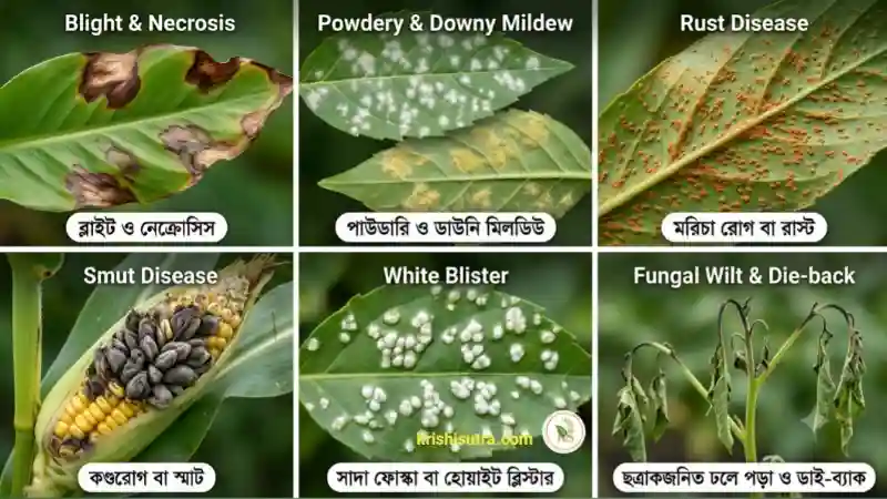 প্রধান ফসলের ছত্রাকজনিত রোগসমূহ যেমন ব্লাইট ও নেক্রোসিস, পাউডারি ও ডাউনি মিলডিউ, মরিচা রোগ বা রাস্ট, কণ্ডরোগ বা স্মাট, সাদা ফোস্কা বা হোয়াইট ব্লিস্টার এবং ছত্রাকজনিত ঢলে পড়া ও ডাই-ব্যাক রোগের লক্ষণ ও প্রতিকার