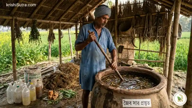 মাটির স্বাস্থ্য রক্ষায় জৈব সারের গুরুত্ব বুঝে মাটির স্বাস্থ্য রক্ষার জন্য কৃষক তরল জৈব সার তৈরি করছেন তার দৃশ্য।