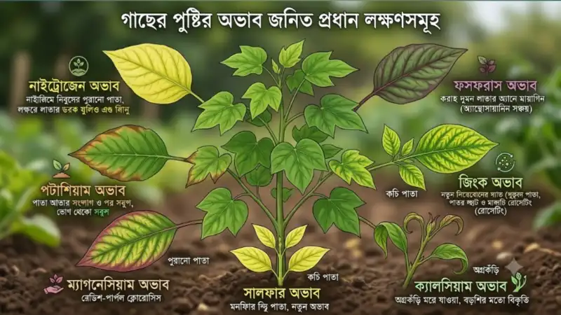 গাছের পাতায় হলুদ বা বেগুনি দাগ কেন হয়? নাইট্রোজেন, ফসফরাস, পটাশিয়াম, জিংকসহ গাছের পুষ্টি উপাদানের অভাবজনিত লক্ষণ এবং চেনার সহজ উপায় ও তার সমাধান জানুন
