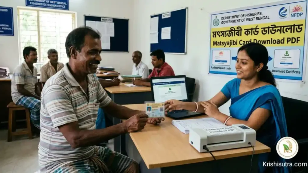 মৎস্যজীবী কার্ড ডাউনলোড করার দৃশ্য—যেখানে মৎস্যজীবী কার্ড ডাউনলোড, Motsyajibi card download pdf, Motso jibi card download by Aadhar card, NFDP card download PDF, NFDB, Fisherman card download PDF এবং Motso jibi certificate download সম্পর্কিত সেবা দেওয়া হচ্ছে।