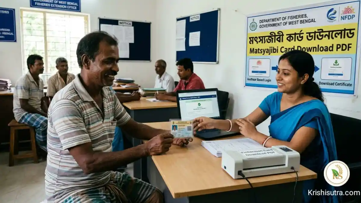 মৎস্যজীবী কার্ড ডাউনলোড করার দৃশ্য—যেখানে মৎস্যজীবী কার্ড ডাউনলোড, Motsyajibi card download pdf, Motso jibi card download by Aadhar card, NFDP card download PDF, NFDB, Fisherman card download PDF এবং Motso jibi certificate download সম্পর্কিত সেবা দেওয়া হচ্ছে।